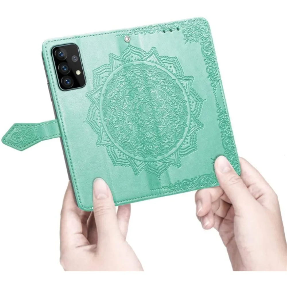 For Iphone 14 Plus Luxury Side Magnetic Button Card Id Holder Pu Leather  Case Cover - Teal Mandala Flower 