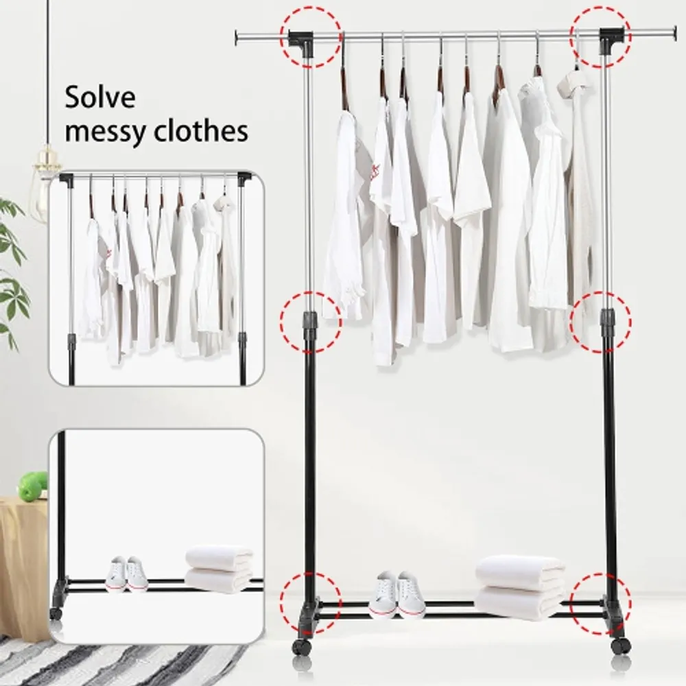 SORTWISE Expandable Clothes Coat Racks , Rolling Clothing Organizer Shelf  Single Rod Commercial Garment Rack