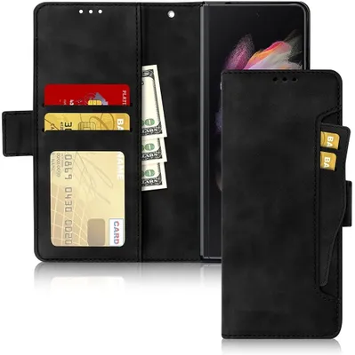 【CSmart】 Magnetic Card Slot Leather Folio Wallet Flip Case Cover for Samsung Z Fold 3, Black