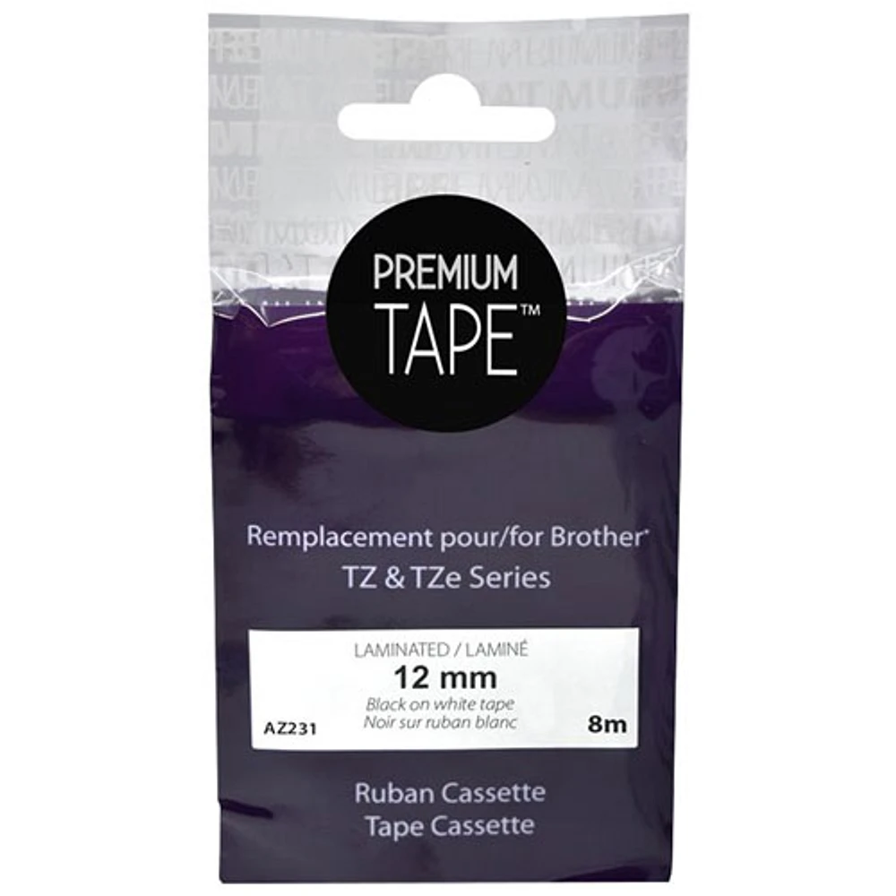 Premium Tone Laminated 12mm Black on White Tape Cassette for Brother TZ & TZe Series