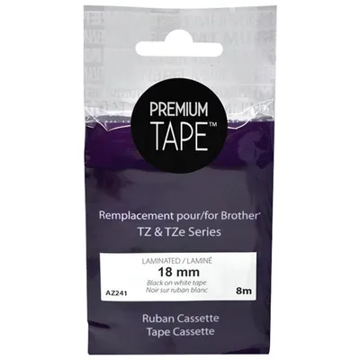 Premium Tone Laminated 18mm Black on White Tape Cassette for Brother TZ & TZe Series