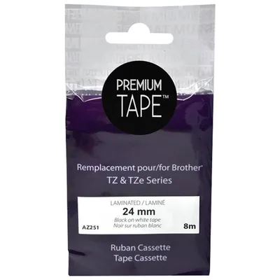 Premium Tone Laminated 24mm Black on White Tape Cassette for Brother TZ & TZe Series