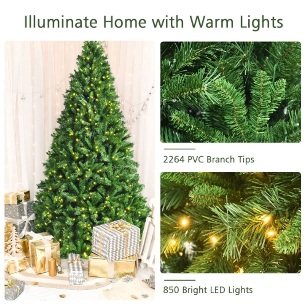 Gymax 9 FT Pre-Lit Artificial Christmas Tree Hinged Xmas Tree w/ 8