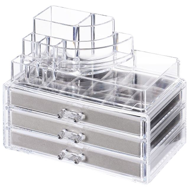 Sortwise Detachable Acrylic Cosmetic Makeup Organizer Box, 3 Drawers Cube Jewelry Container Storage Case