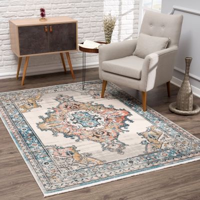 La Dole Rugs Traditional Persian Bordered Ikat Turquoise Ivory Red Orange Area Rug Living Room Bedroom Carpet Tapis 6'7"x9'6"