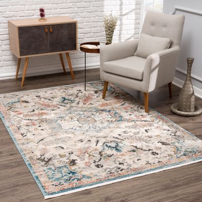 La Dole Rugs Traditional Persian Oriental Distressed Teal Turquoise Ivory Grey Red Orange Area Rug Living Room Bedroom Carpet Tapis 6'7"x9'6"
