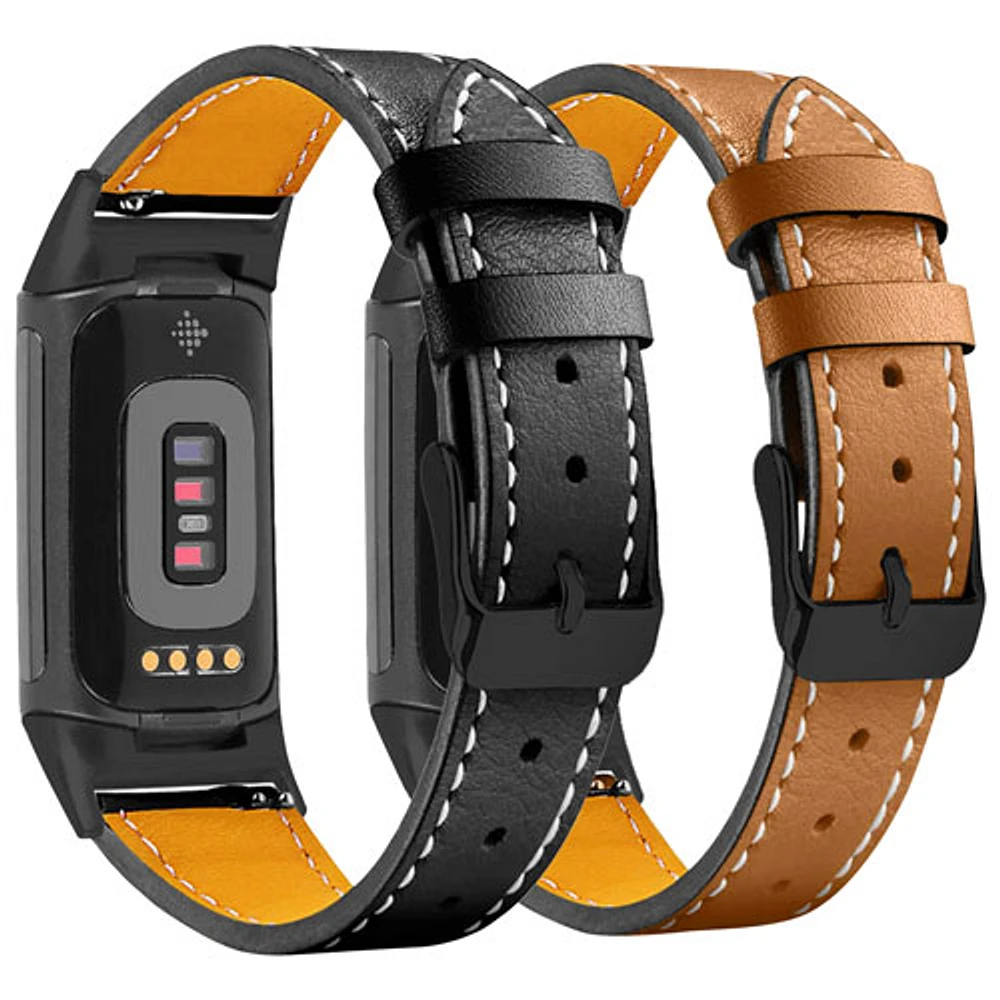 Bracelet en cuir de StrapsCo pour Charge 5 de Fitbit - Noir/Brun avec adaptateur noir - Paquet de 2