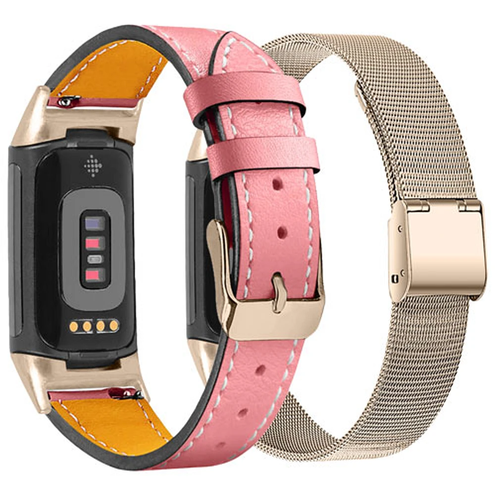 Bracelet en cuir et bracelet milanais de StrapsCo pour Charge 5 de Fitbit - Rose/Doré - Paquet de 2