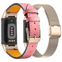 Bracelet en cuir et bracelet milanais de StrapsCo pour Charge 5 de Fitbit - Rose/Doré - Paquet de 2