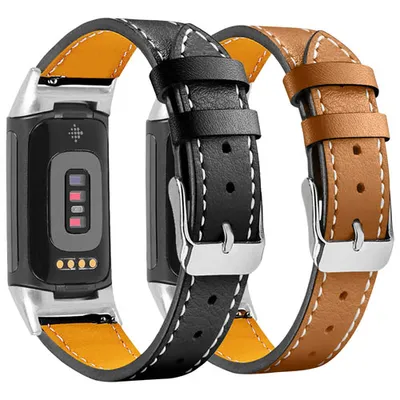StrapsCo Leather Strap for Fitbit Charge 5 - Black/Brown with Silver Adapter - 2 Pack