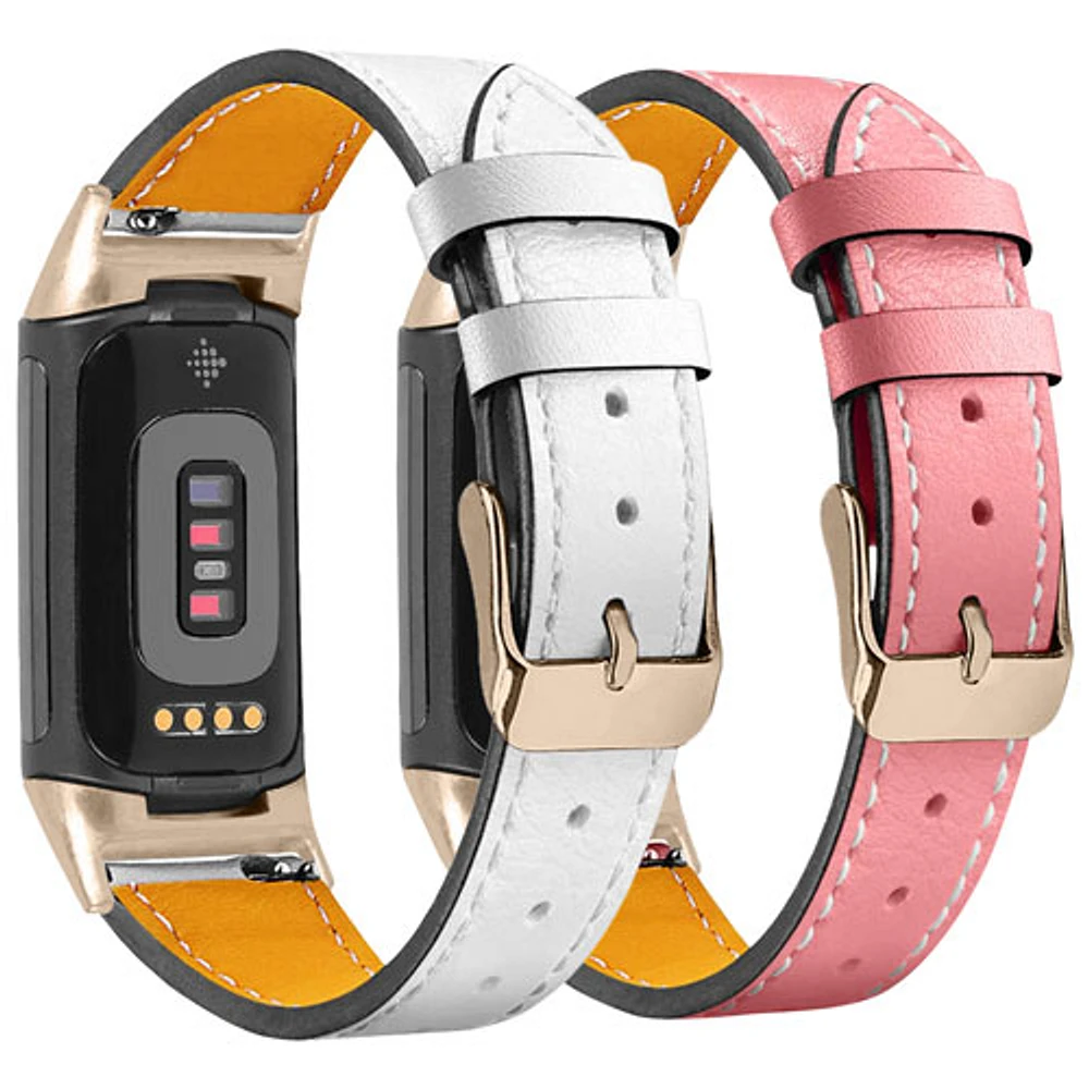 Bracelet en cuir de StrapsCo pour Charge 5 de Fitbit - Rose/Blanc - Paquet de 2