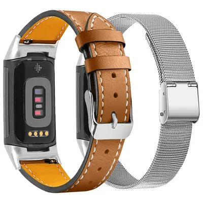 StrapsCo Leather & Milanese Strap for Fitbit Charge 5 - Brown/Silver - 2 Pack