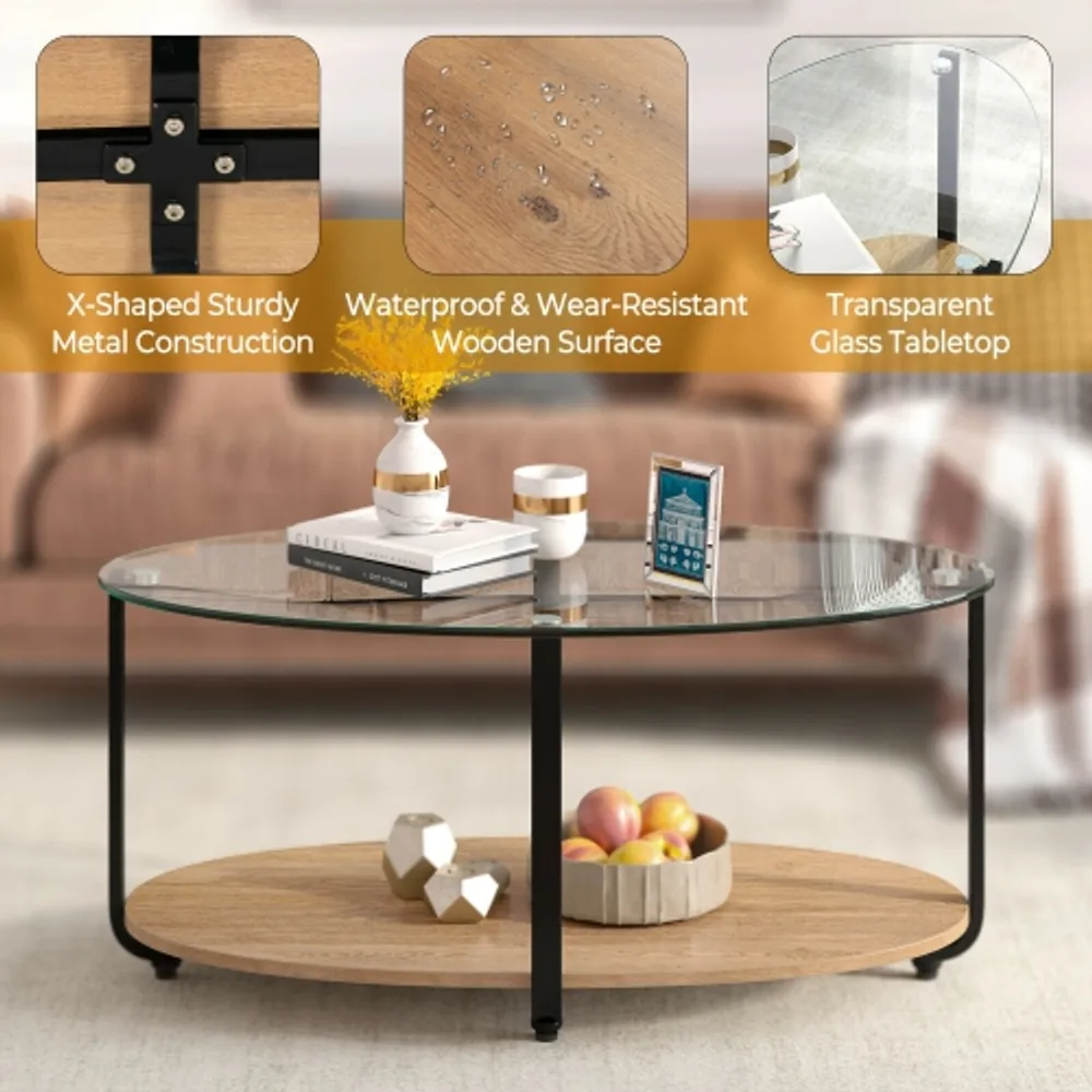 2-Tier Glass-Top Oval Coffee Table with Wooden Shelf for Living