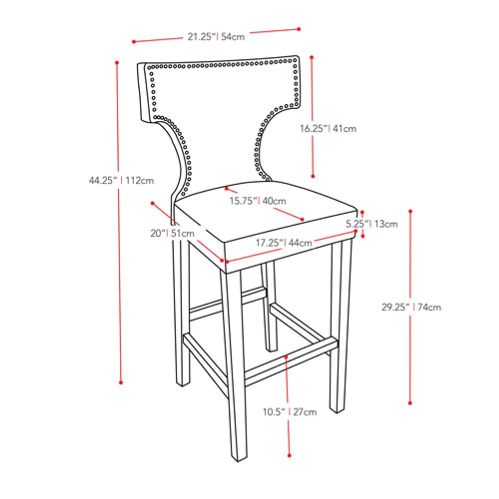 Tabouret de bar transitionnel hauteur de bar avec clous en métal Amber Emily-Ensemble de 2 - Noir