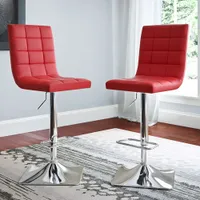 Amber Emily Contemporary Adjustable Height High-Back Square Tufted Barstool - Set of 2 - Red