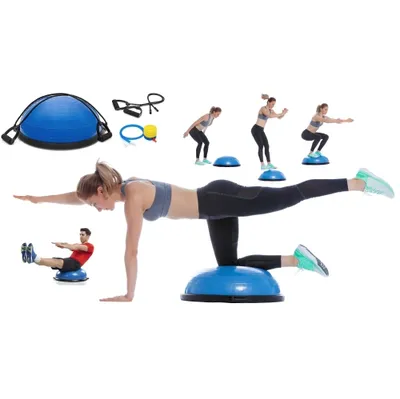 Half Ball Balance Trainer, Half Yoga Balance Board Exercise Ball for Full Body Workout, Stability Ball Platform, Core AB Training Strength Home Workout Fitness Physical Therapy, w 2 Resistance Bands