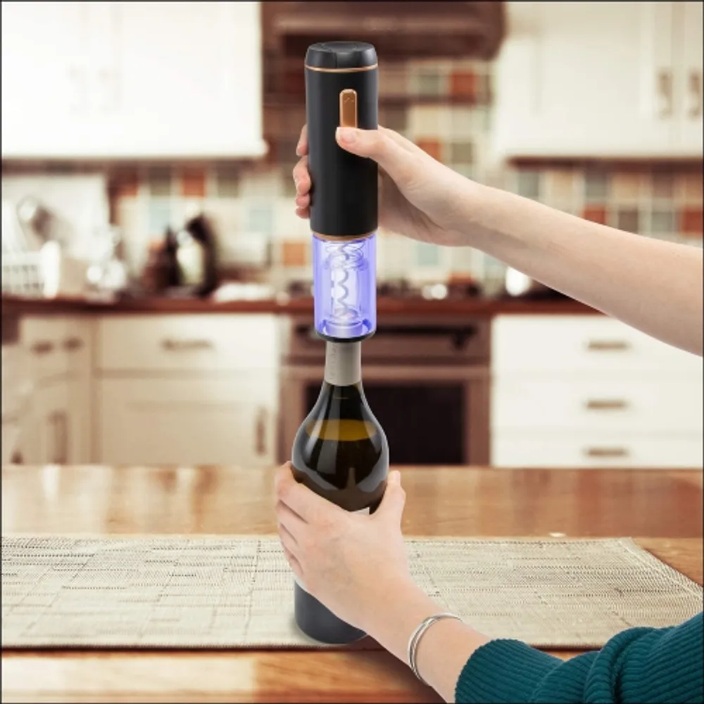 Chefman cordless electric wine bottle opener removes the cork in