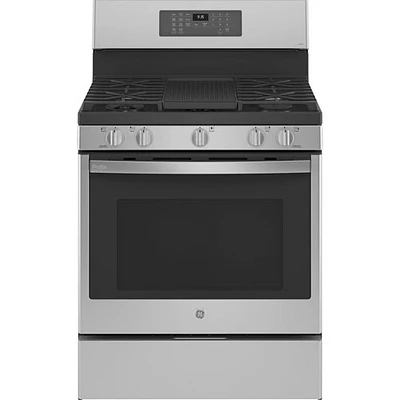 Cuisinière gaz autonome 5 brûleurs conv. véritable friture air 5,6 pi³ 30 de GE (PCGB935YPFS) - Inox