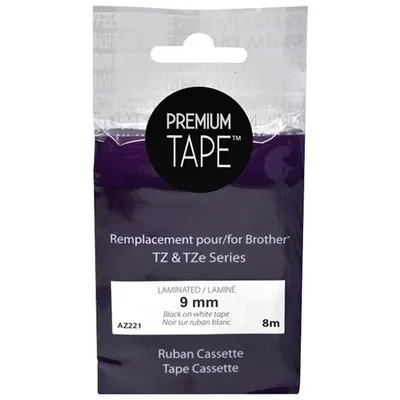 Premium Tape Laminated 9mm Black-on-White Tape Cassette for Brother TZ/TZe Series