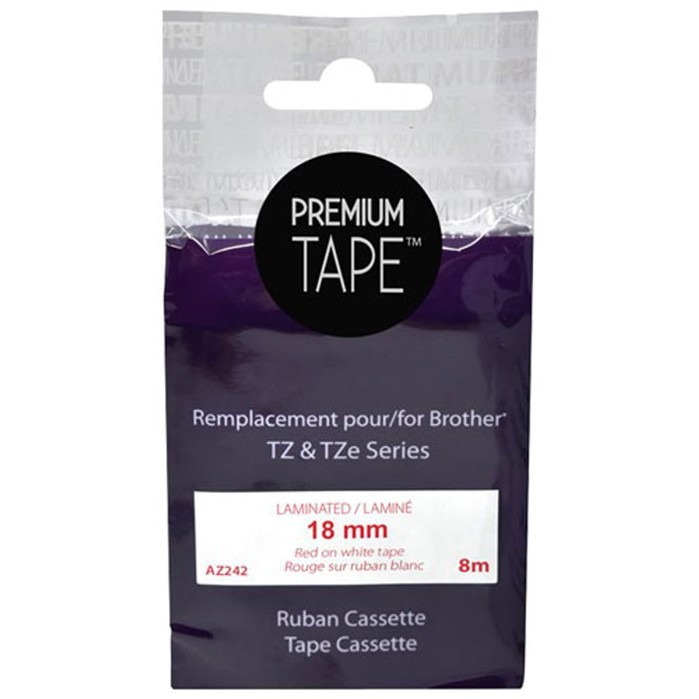 Premium Tape Laminated 18mm Red-on-White Tape Cassette for Brother TZ/TZe Series