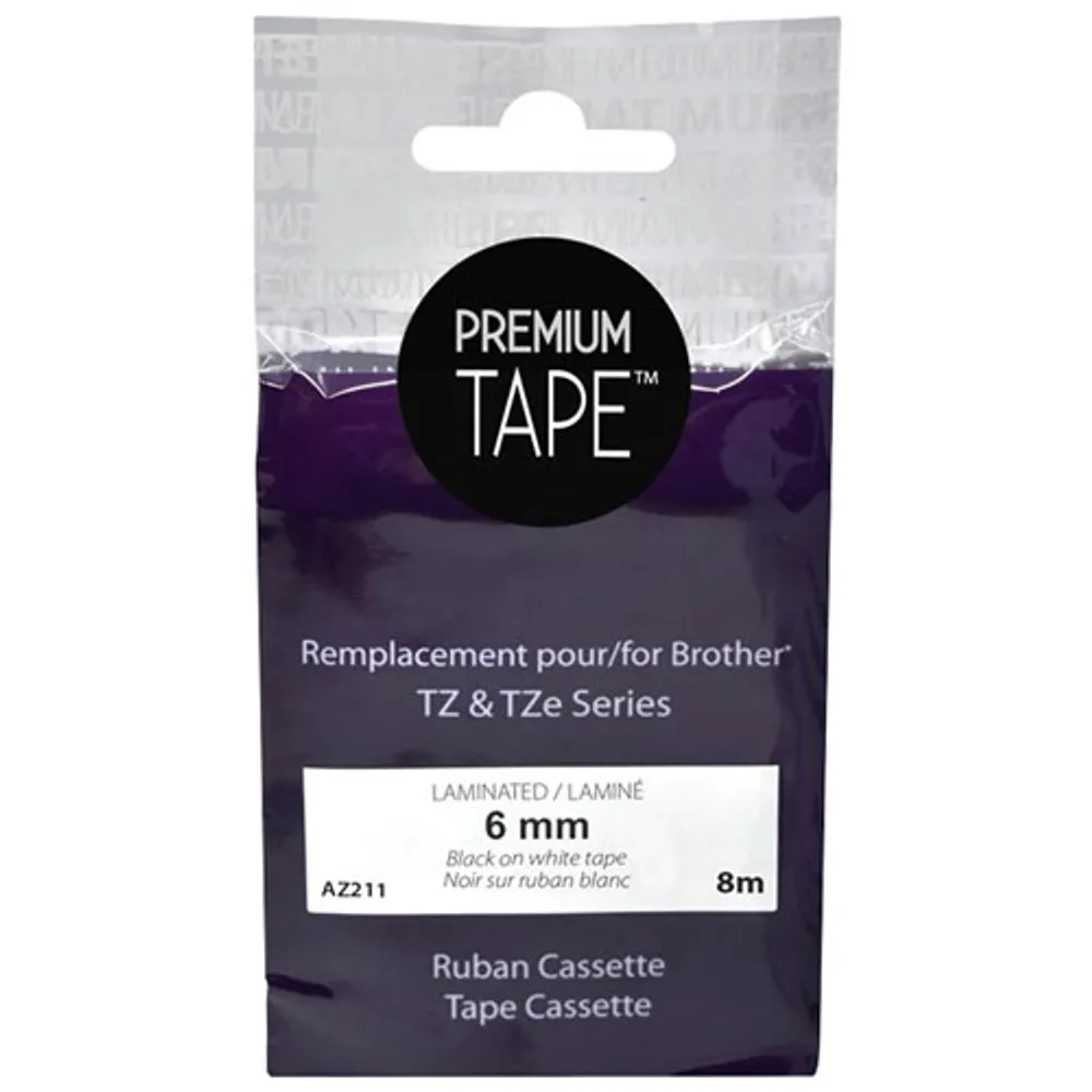 Premium Tape Laminated 6mm Black-on-White Tape Cassette for Brother TZ/TZe Series