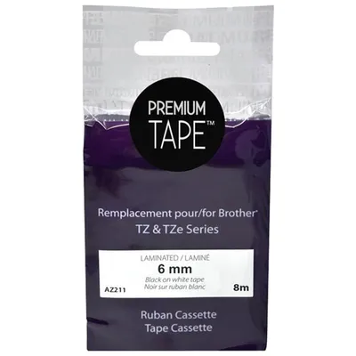 Premium Tape Laminated 6mm Black-on-White Tape Cassette for Brother TZ/TZe Series