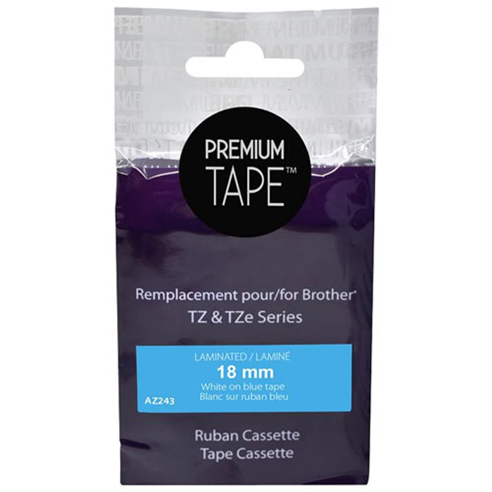 Cassette de ruban laminé blanc sur bleu de 18 mm Premium Tape pour TZ/TZe de Brother