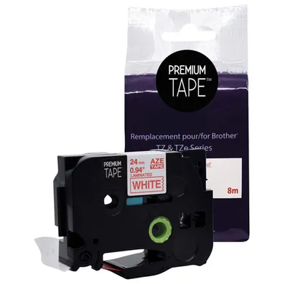 Premium Tape Laminated 24mm Red-on-White Tape Cassette for Brother TZ/TZe Series