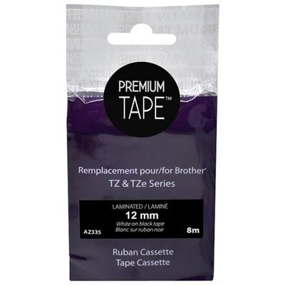 Premium Tape Laminated 12mm White-on-Black Tape Cassette for Brother TZ/TZe Series