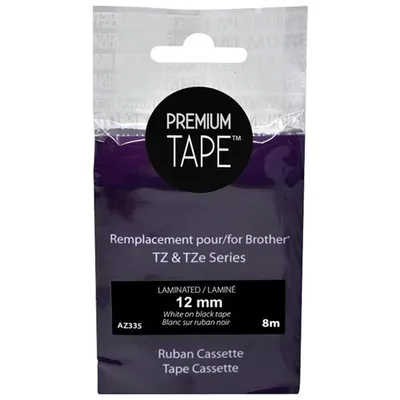 Cassette de ruban laminé blanc sur noir de 12 mm Premium Tape pour TZ/TZe de Brother