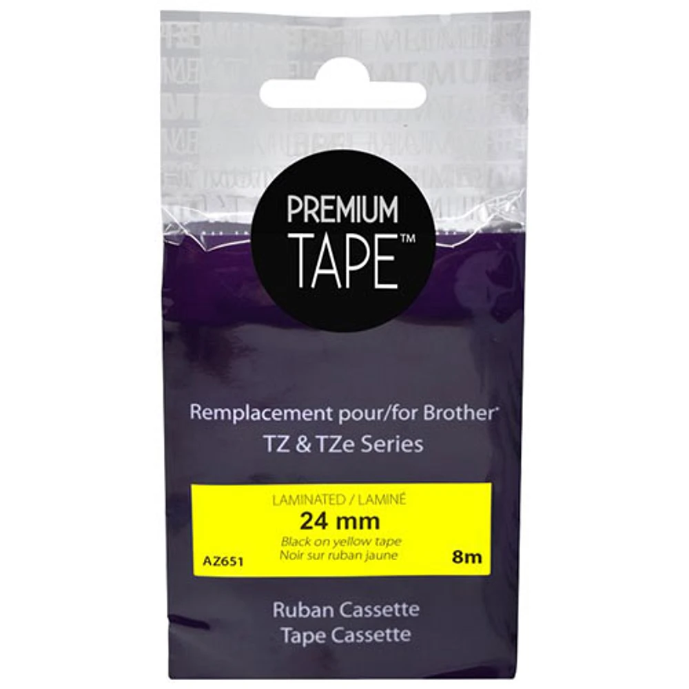 Cassette de ruban laminé noir sur jaune de 24 mm Premium Tape pour TZ/TZe de Brother