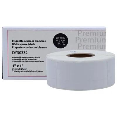 Premium Tape White Square Labels for Dymo LW - 1" x 1" - 750 Labels