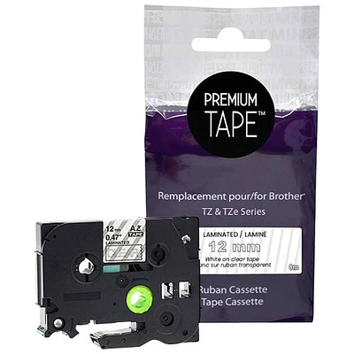 Premium Tape Laminated 12mm White-on-Clear Ruban Tape Cassette for Brother TZ/TZe Series