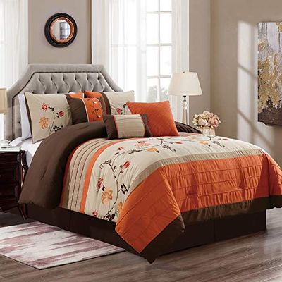 Chezmoi Collection Serene 7-Piece Luxury Autumn Floral Embroidery Comforter  Set, King, Orange/Brown/Taupe | Bramalea City Centre