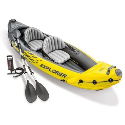 Explorer K2 Kayak, 2-Person Inflatable Kayak Set with Aluminum Oars and High Output Air Pump