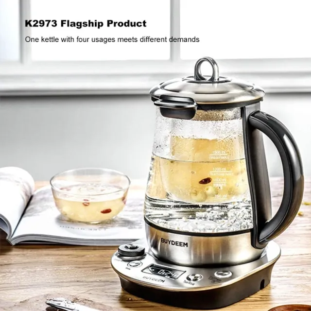 Buydeem K2423 Tea Maker, Durable 316 Stainless Steel & German Schott Glass Electric  Kettle, Removable Infuser, Auto Keep Warm, BPA Free, 1.2L 