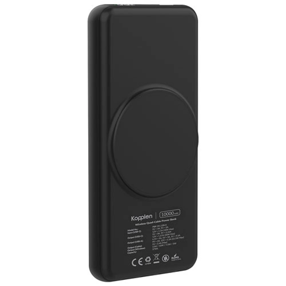 Chargeur portable rapide USB 10 000 mAh 22,5 W de Kopplen avec chargeur sans fil et câble USB intégré - Noir