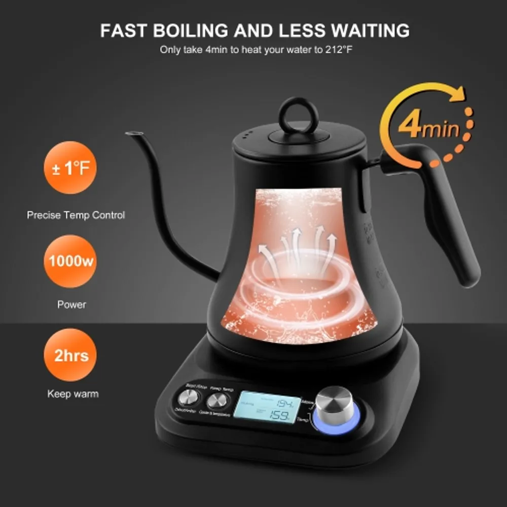 Electric Gooseneck Kettle with Variable Temperature Control & Presets,  Stainless Steel Pour Over Coffee Tea Kettle, 1000 W Rapid Heating 