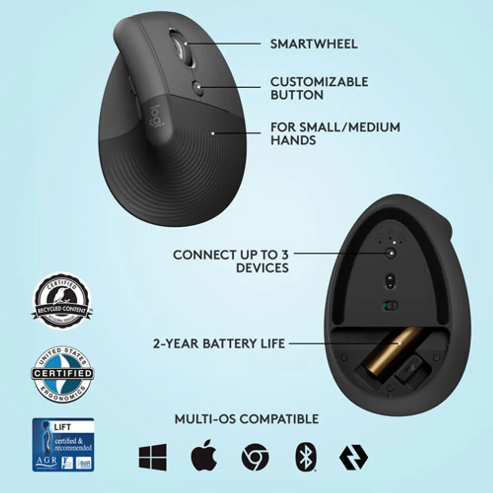 Souris ergonomique sans fil verticale de 4000 ppp Lift de Logitech