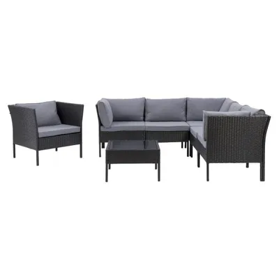 CorLiving 7pc Patio Sectional Set with Chair - Black with Ash Gray Cushions