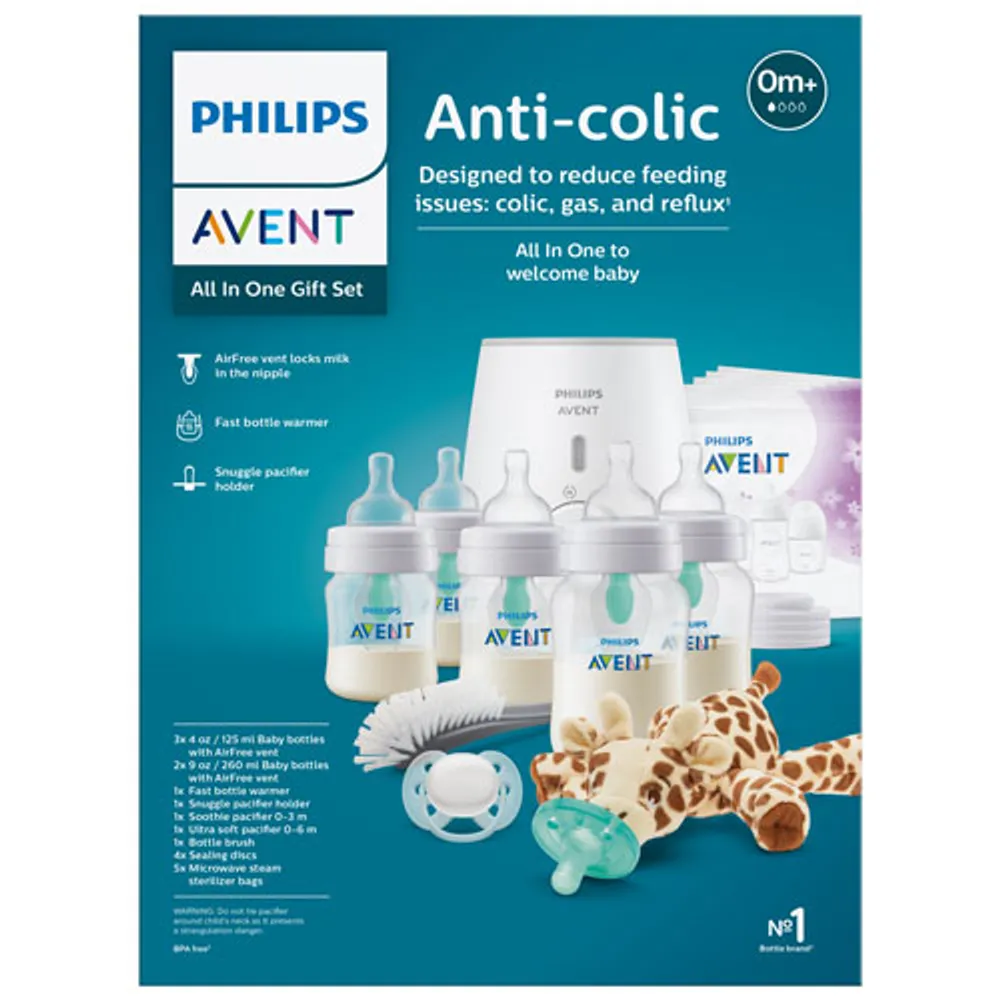 Philips Avent 9 oz./4 oz. Anti-Colic AirFree-Vent Bottle All-In-One Gift Set with Snuggle Pacifier Holder