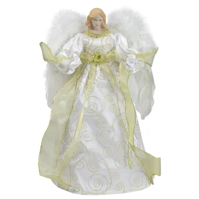 14" Lighted White and Gold Angel in a Dress Christmas Tree Topper - Warm White Lights