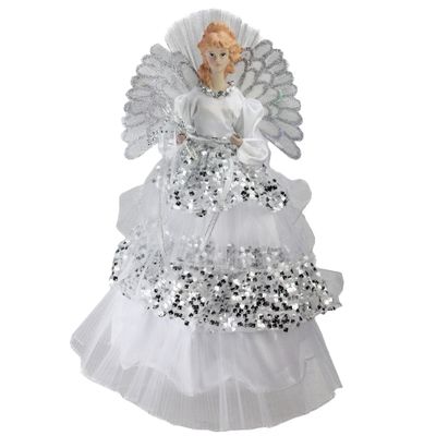 16" White and Silver Lighted Fiber Optic Angel Sequined Gown Christmas Tree Topper