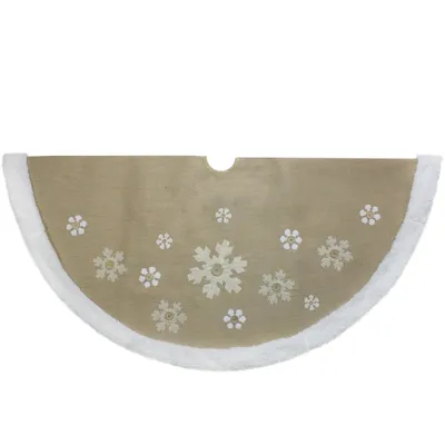 48-Inch Beige and White Snowflake Embroidered Christmas Tree Skirt