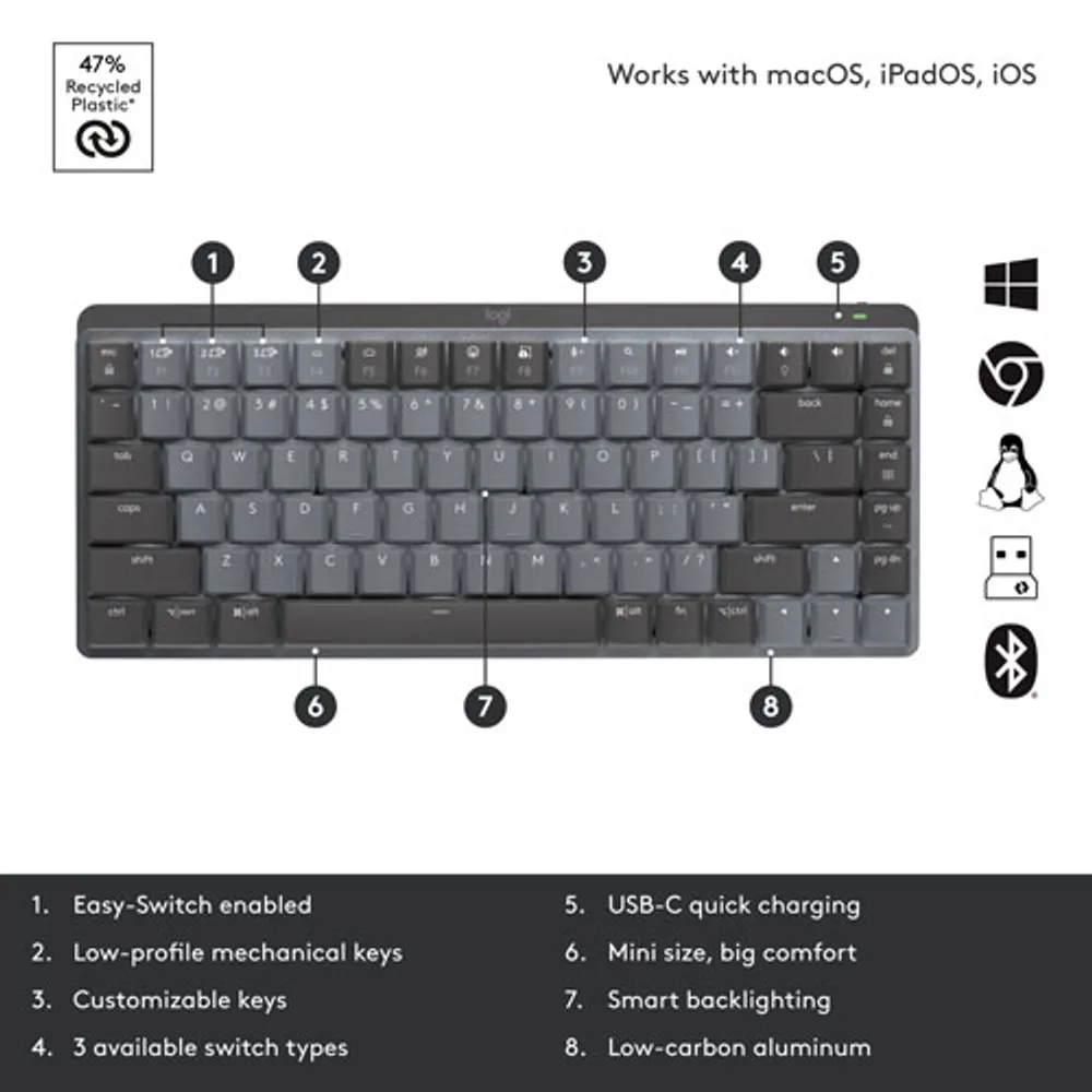 Logitech MX Mechanical Mini Wireless Compact Backlit Tactile Keyboard - Graphite