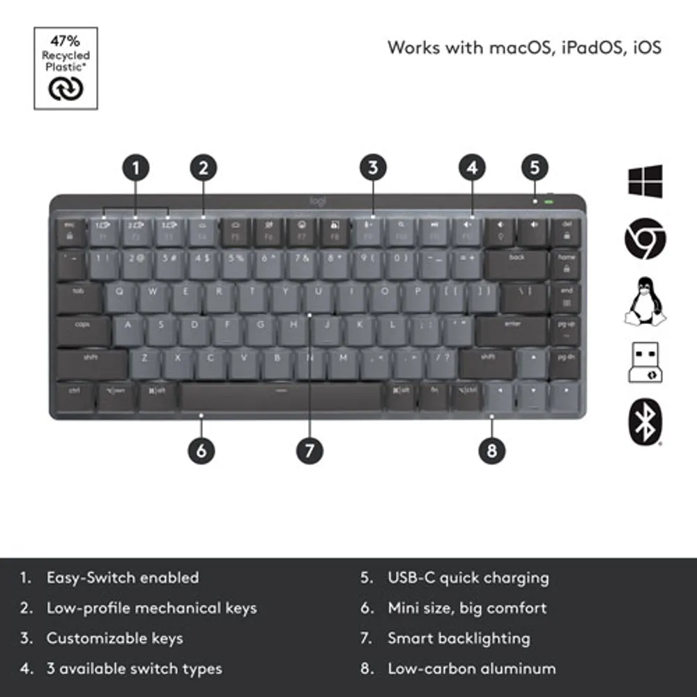 Logitech MX Mechanical Mini Wireless Compact Backlit Clicky Keyboard - Graphite