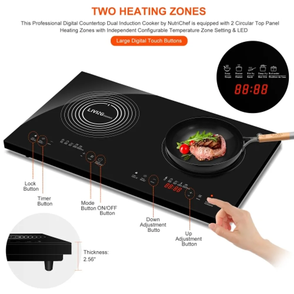 NutriChef Dual 120V Electric Induction Cooker - 1800w Portable Digital  Ceramic Countertop Double Burner Cooktop w/ Kids Safety Lock - Works w/