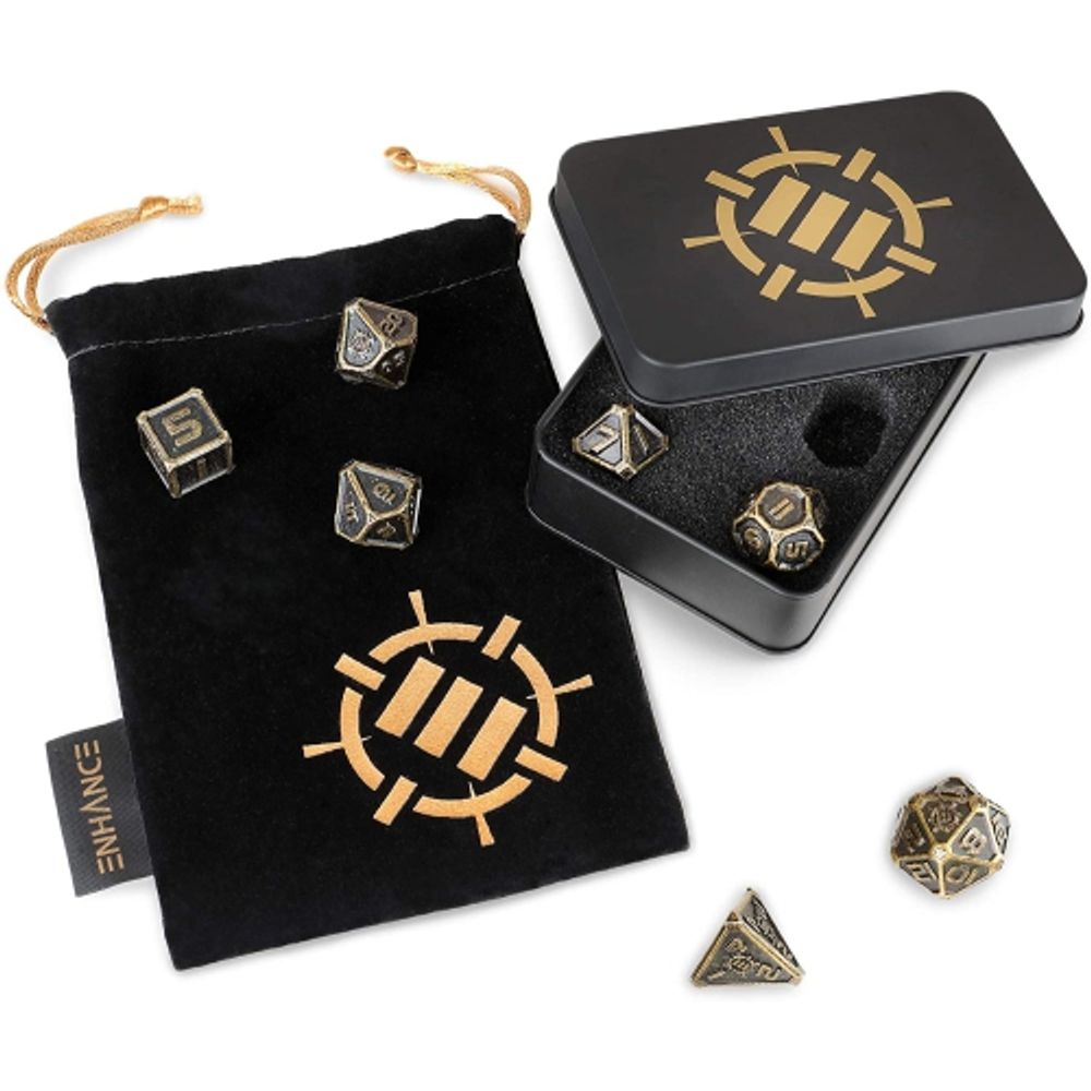 ENHANCE DND Metal Dice Set - 7pc Solid Zinc Alloy Polyhedral DND Dice with  Metal Storage Case and Drawstring Dice Bag Included - RPG Dice for Dungeons  and Dragons, Pathfinder