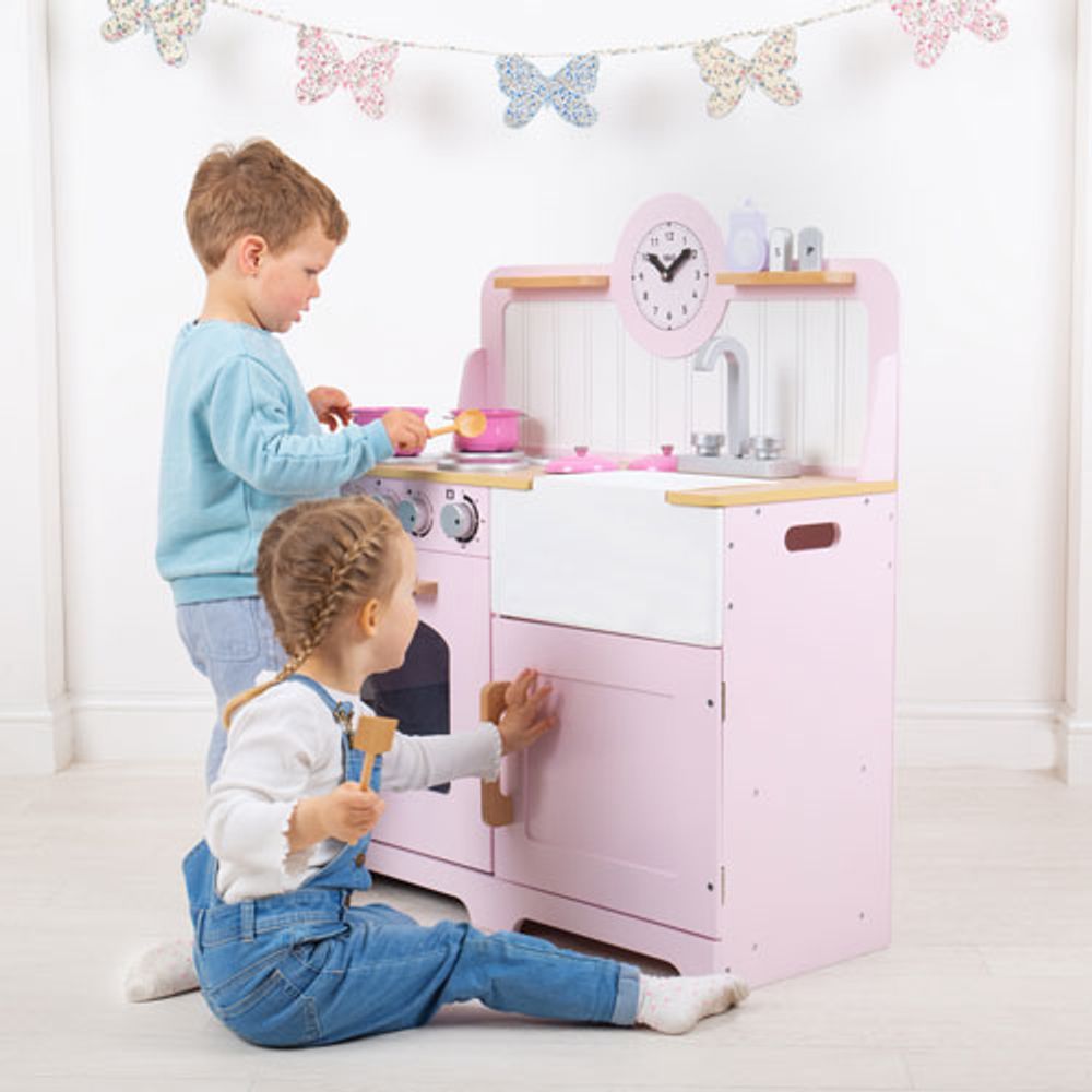 Bigjigs Toys Wooden Country Play Kitchen - Pink