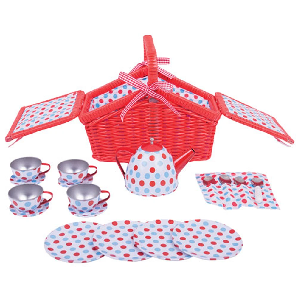 Ensemble de thé à pois avec panier en osier pour enfants de Bigjigs Toys